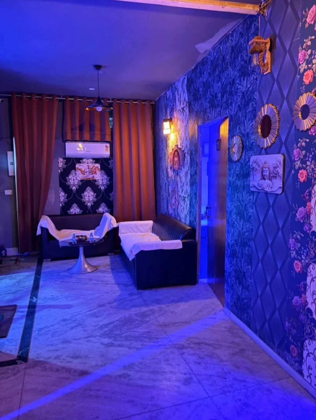 Luxury Spa Lounge Interior with Designer Wallpaper and Private Treatment Room Entrances
