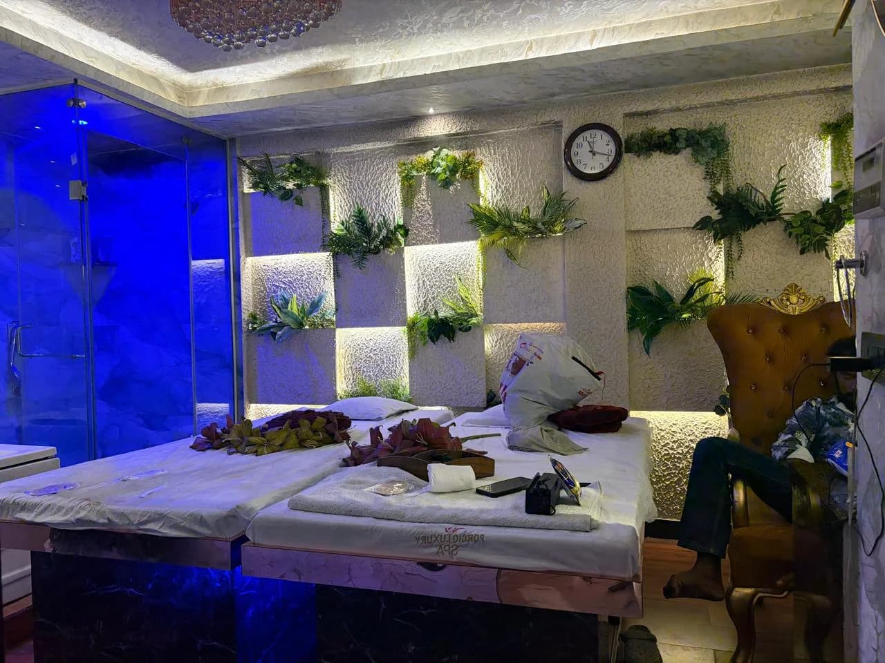 Luxury VIP Couple Massage Suite with Ambient Wall Niches and Royal Armchair at Amazing Wellness Spa New Delhi